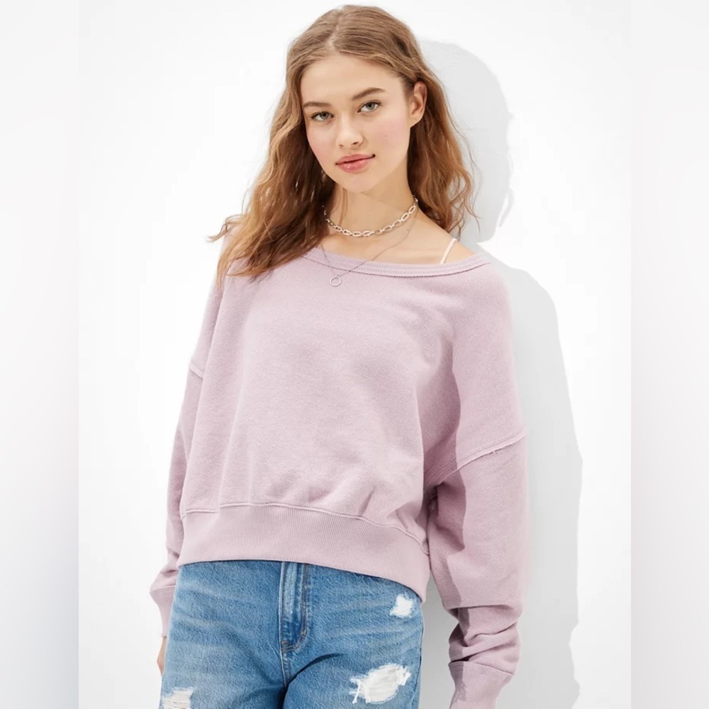 American Eagle Forever Slouchy Cropped Crew Neck Sweatshirt Purple Small